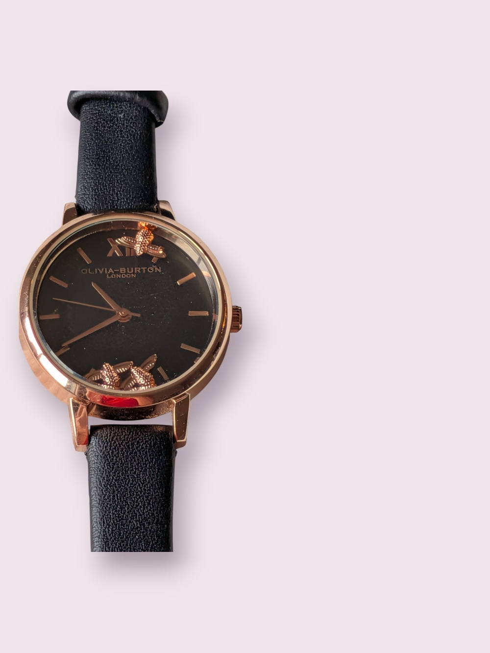 Olivia Burton Black Dial Rose Gold Case Leather Strap Watch